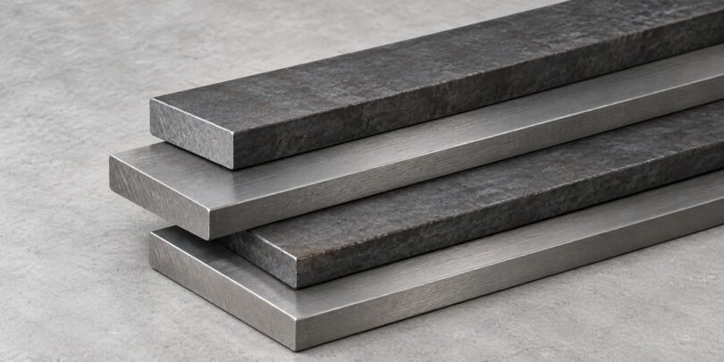 Illustration of plain rectangular steel bars stacked on a gray surface.