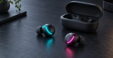Illustration of two unbranded earbuds with cyan and magenta lights beside an open charging case