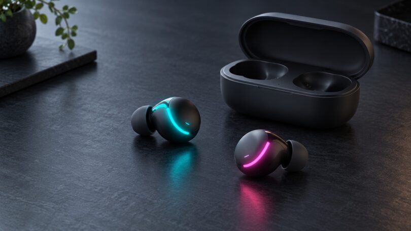 Illustration of two unbranded earbuds with cyan and magenta lights beside an open charging case