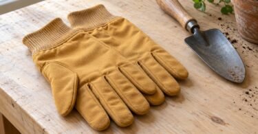 Golden fabric chore gloves with knitted cuffs beside a garden trowel on a wooden workbench