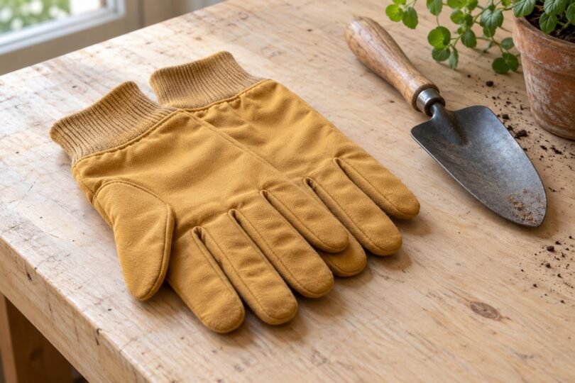 Golden fabric chore gloves with knitted cuffs beside a garden trowel on a wooden workbench