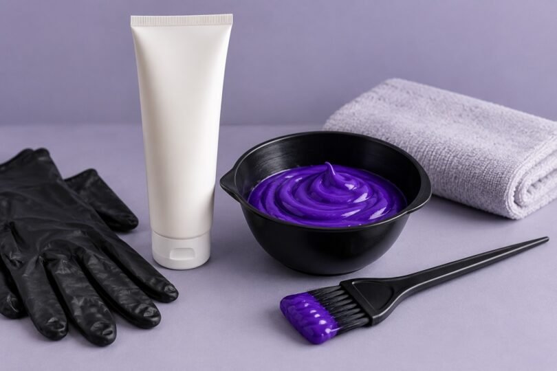 Purple color cream in a black tint bowl beside an unbranded tube, tint brush, gloves and folded towel.