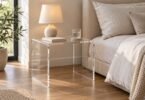 A clear acrylic-style bedside table holding a lamp, a book and a glass of water on a coaster beside a bed.