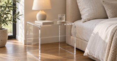 A clear acrylic-style bedside table holding a lamp, a book and a glass of water on a coaster beside a bed.