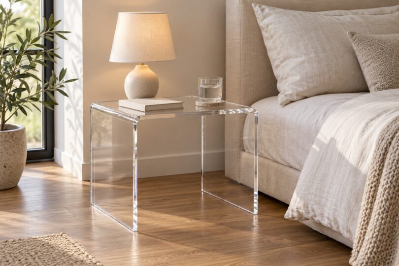 A clear acrylic-style bedside table holding a lamp, a book and a glass of water on a coaster beside a bed.