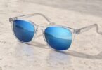 A pair of transparent-frame sunglasses with blue mirrored lenses resting on a pale stone tabletop.