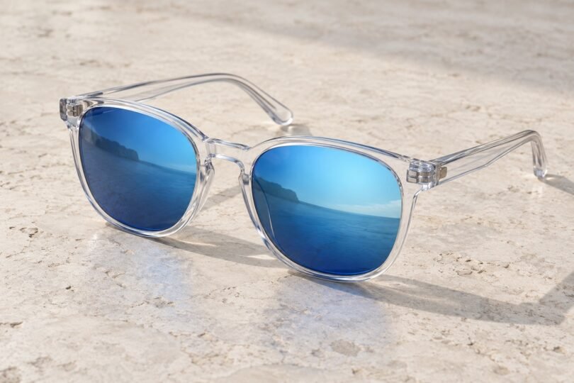 A pair of transparent-frame sunglasses with blue mirrored lenses resting on a pale stone tabletop.