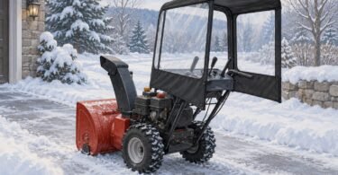 Illustration of a parked snow blower with an open-backed fabric operator cab on a snowy driveway.