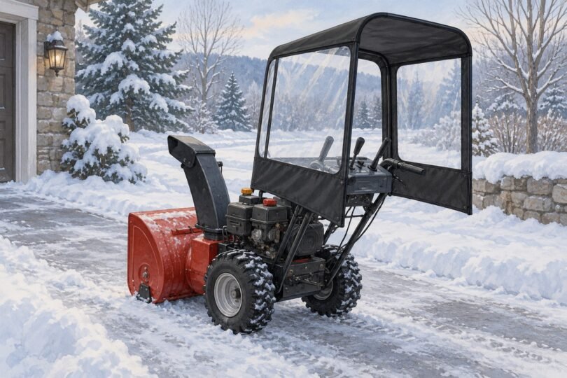 Illustration of a parked snow blower with an open-backed fabric operator cab on a snowy driveway.