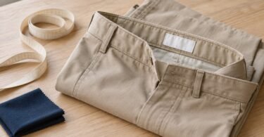 Folded beige trousers with a blank waistband label beside a measuring tape and navy fabric swatches