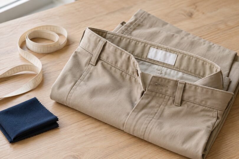 Folded beige trousers with a blank waistband label beside a measuring tape and navy fabric swatches