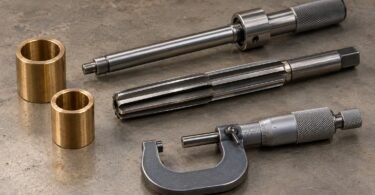 Illustration of unbranded reaming tools, bronze bushings and a micrometer on a workbench.