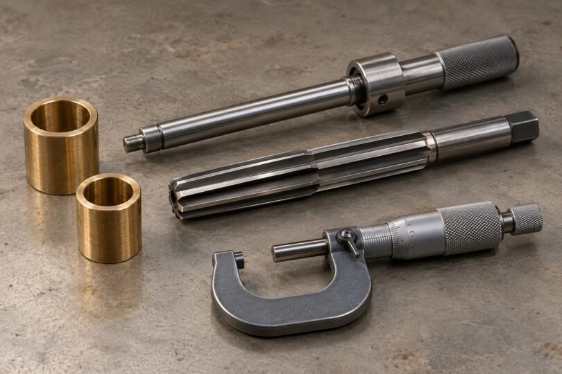 Illustration of unbranded reaming tools, bronze bushings and a micrometer on a workbench.