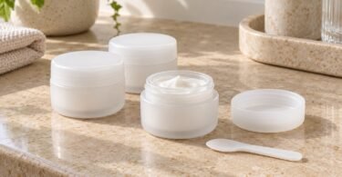 Three plain white cream jars, one open beside its lid and a small cosmetic spatula on a stone counter.