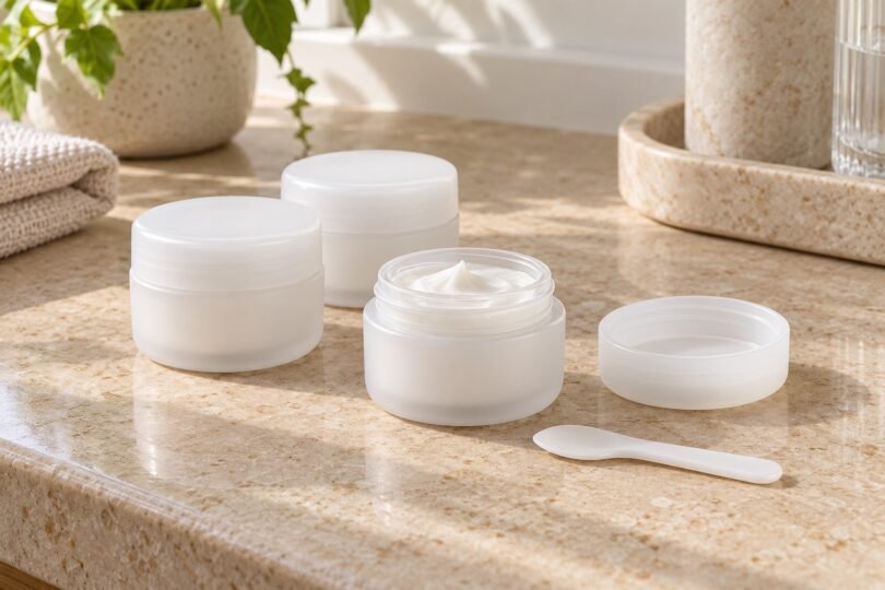 Three plain white cream jars, one open beside its lid and a small cosmetic spatula on a stone counter.