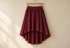 Burgundy high-low skirt hanging against a beige wall, with a shorter front and longer curved back hem