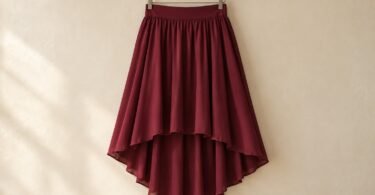 Burgundy high-low skirt hanging against a beige wall, with a shorter front and longer curved back hem