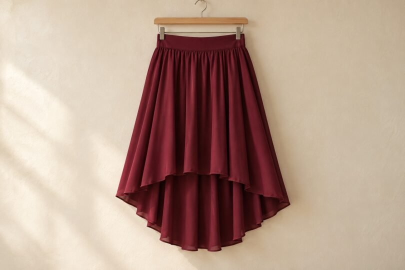 Burgundy high-low skirt hanging against a beige wall, with a shorter front and longer curved back hem