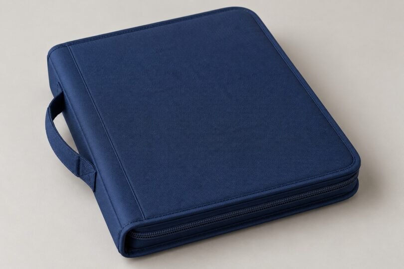 Illustration of a plain navy zippered binder with a carry handle on a light surface