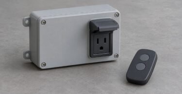 Unbranded enclosed electrical control device with an empty outlet beside a two-button remote on a gray workbench