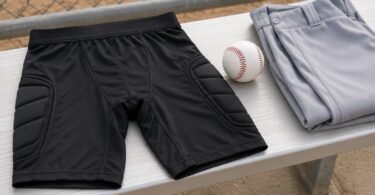 Generic black padded sports shorts beside a baseball and folded gray uniform pants on a bench