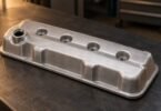 Illustration of an unbranded silver engine valve cover on a dark workbench.
