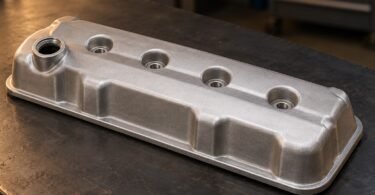 Illustration of an unbranded silver engine valve cover on a dark workbench.