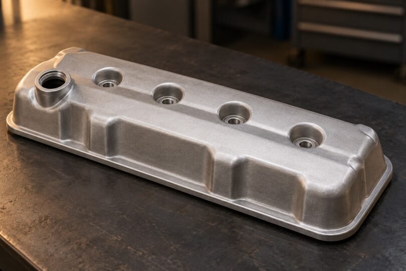 Illustration of an unbranded silver engine valve cover on a dark workbench.