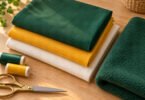 Illustration of plain green, gold and cream fabrics with thread and scissors on a wooden sewing table