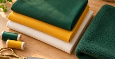 Illustration of plain green, gold and cream fabrics with thread and scissors on a wooden sewing table