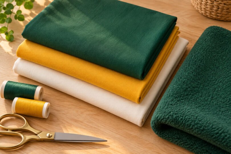 Illustration of plain green, gold and cream fabrics with thread and scissors on a wooden sewing table