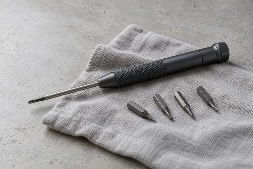 Illustrative unbranded precision screwdriver and four loose driver bits arranged on a gray cloth