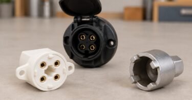 Illustration of generic four-contact lamp and trailer sockets beside a four-tab metal hand socket.