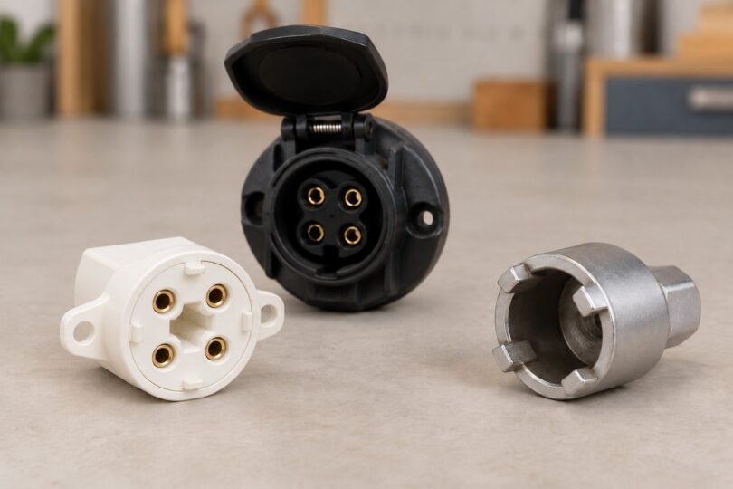 Illustration of generic four-contact lamp and trailer sockets beside a four-tab metal hand socket.