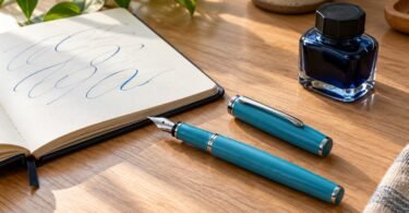 Turquoise fountain pen and separate cap beside a notebook and a blue ink bottle on a wooden desk.