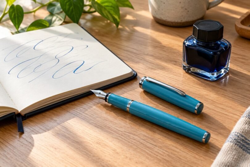 Turquoise fountain pen and separate cap beside a notebook and a blue ink bottle on a wooden desk.