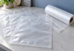 Illustration of empty clear vacuum-sealer bags and a roll of textured bag material on a kitchen countertop.