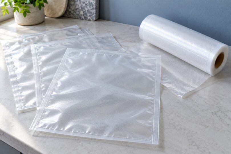 Illustration of empty clear vacuum-sealer bags and a roll of textured bag material on a kitchen countertop.