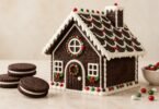 Generic chocolate-cookie house decorated with white icing and red and green candy beside sandwich cookies
