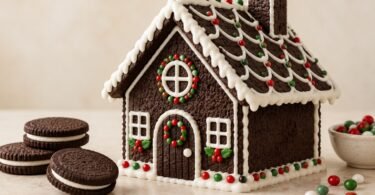 Generic chocolate-cookie house decorated with white icing and red and green candy beside sandwich cookies