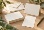 Generic cream flat cards, a folded blank card, envelopes and a green pen arranged on a wooden table