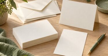 Generic cream flat cards, a folded blank card, envelopes and a green pen arranged on a wooden table