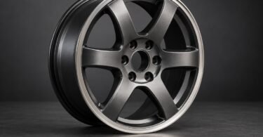 Illustration of an unbranded six-lug graphite wheel rim without a tire.
