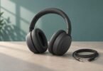 Illustration of unbranded charcoal over-ear headphones beside a coiled audio cable on a desk