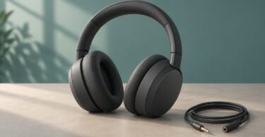 Illustration of unbranded charcoal over-ear headphones beside a coiled audio cable on a desk