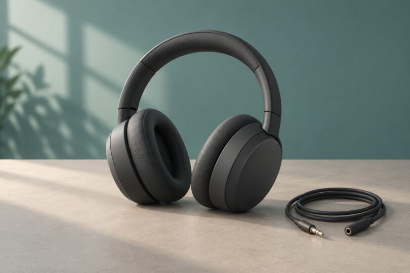 Illustration of unbranded charcoal over-ear headphones beside a coiled audio cable on a desk
