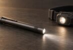 Illustration of a generic penlight and compact headlamp resting on a workbench.