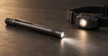Illustration of a generic penlight and compact headlamp resting on a workbench.