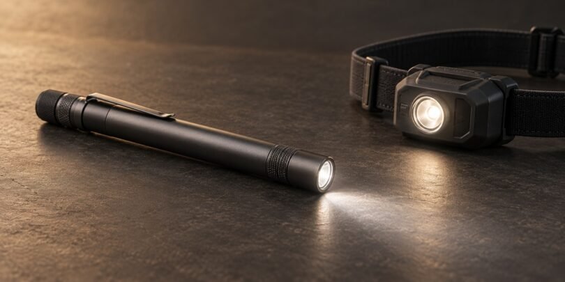 Illustration of a generic penlight and compact headlamp resting on a workbench.