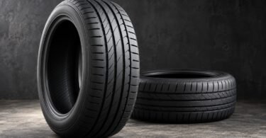 Two unbranded low-profile tires without wheels, one upright and one lying flat